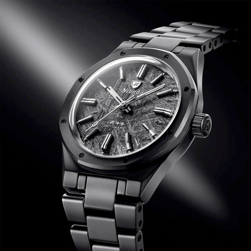 Nivada Grenchen 37mm F77 Black Watch with Meterorite Dial #68020A77