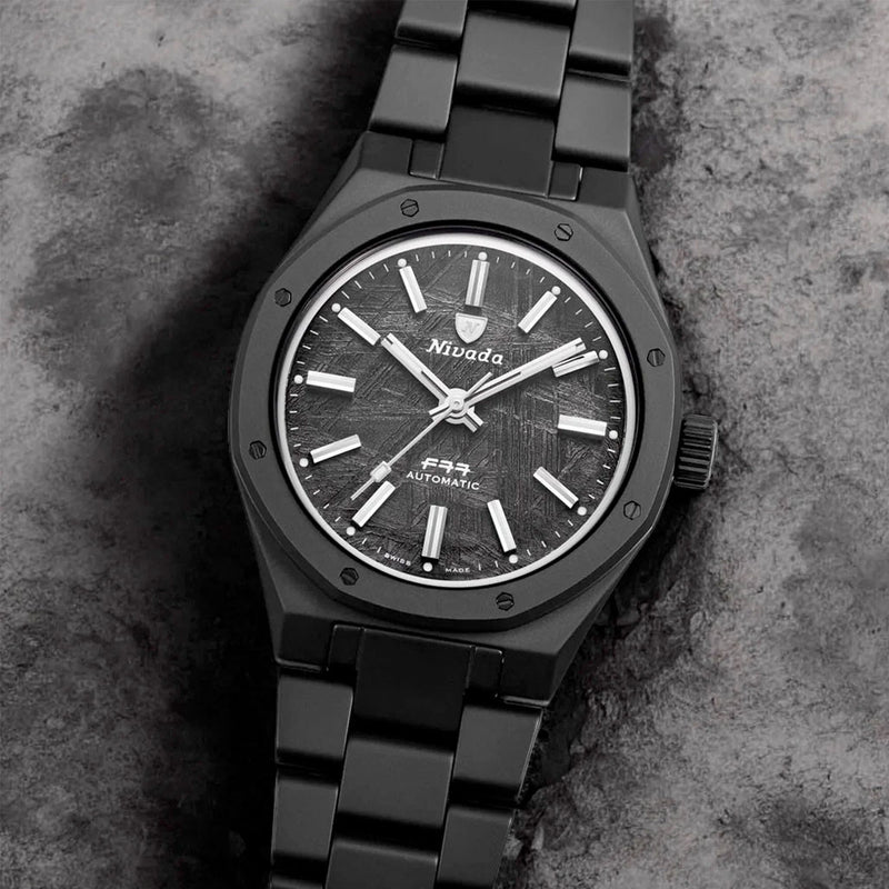Nivada Grenchen 37mm F77 Black Watch with Meterorite Dial #68020A77