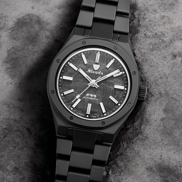 Nivada Grenchen 37mm F77 Black Watch with Meterorite Dial #68020A77