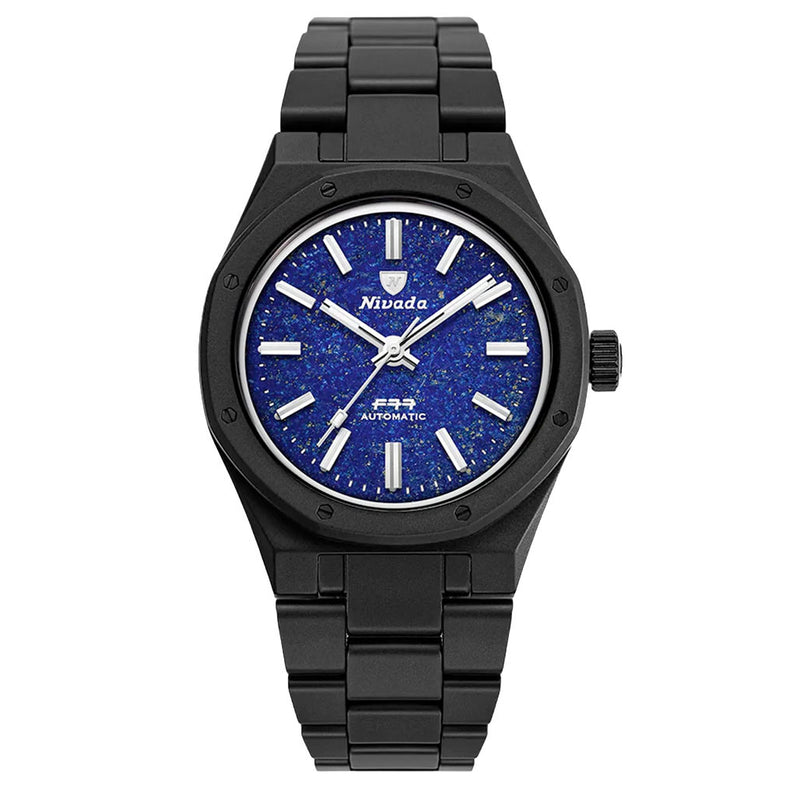 Nivada Grenchen 37mm F77 Black Watch with Lapis Lazuli Dial #68022A77