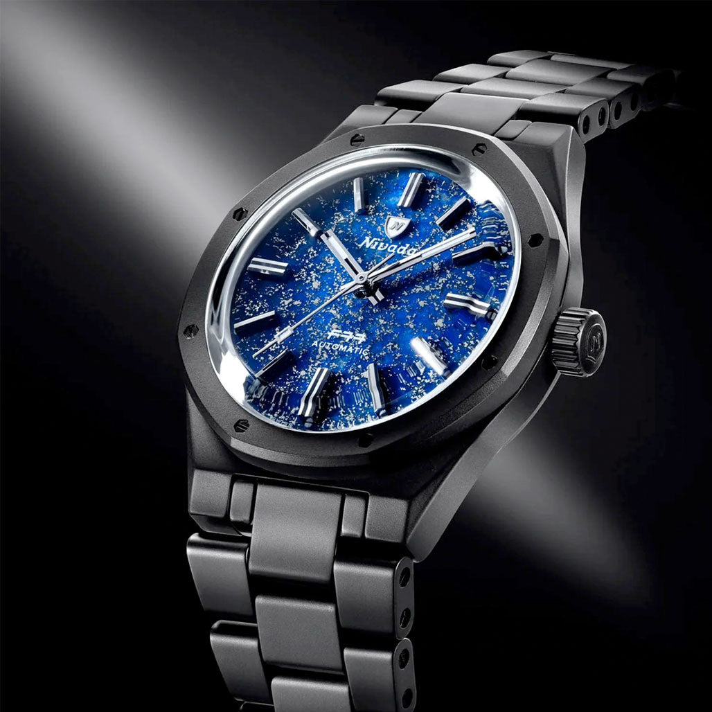 工芸品 Esmaltado a mano 24k 27.5 Nivada Grenchen 37mm F77 Black Ceramic Watch with Lapis Lazuli