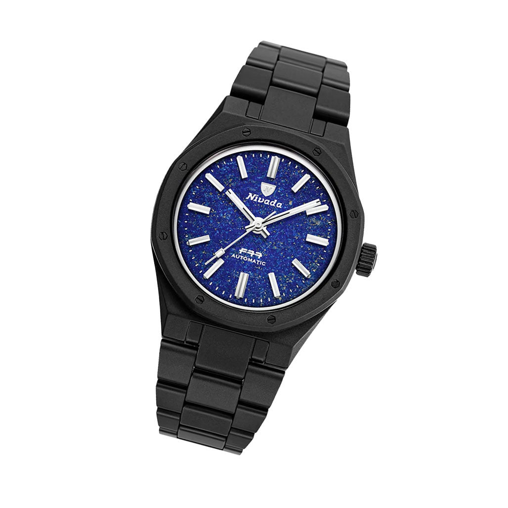 Nivada Grenchen 37mm F77 Black Ceramic Watch with Lapis Lazuli