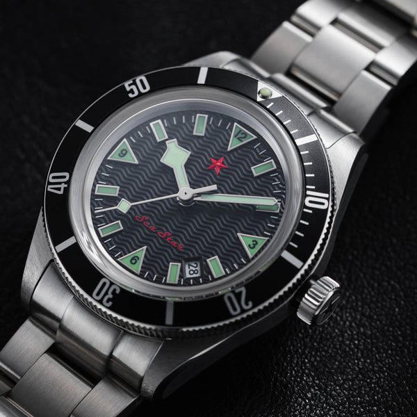 Red Star SEA STAR Watch with Black Dial and Black Bezel #7074G-C