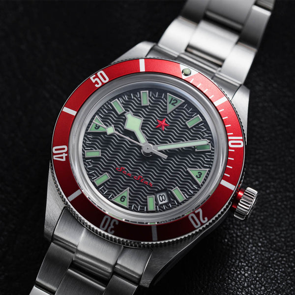 Red Star SEA STAR Watch with Black Dial and Red Bezel #7074G-D