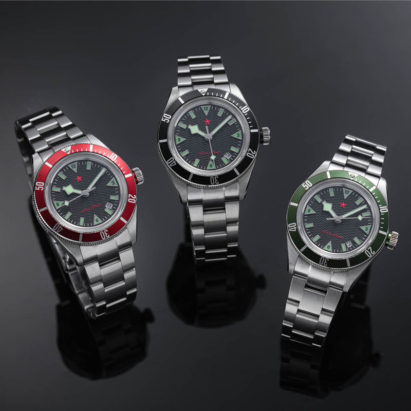 Red Star SEA STAR Watch with Black Dial and Red Bezel #7074G-D