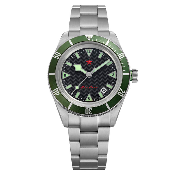 Red Star SEA STAR Watch with Black Dial and Green Bezel #7074G-E