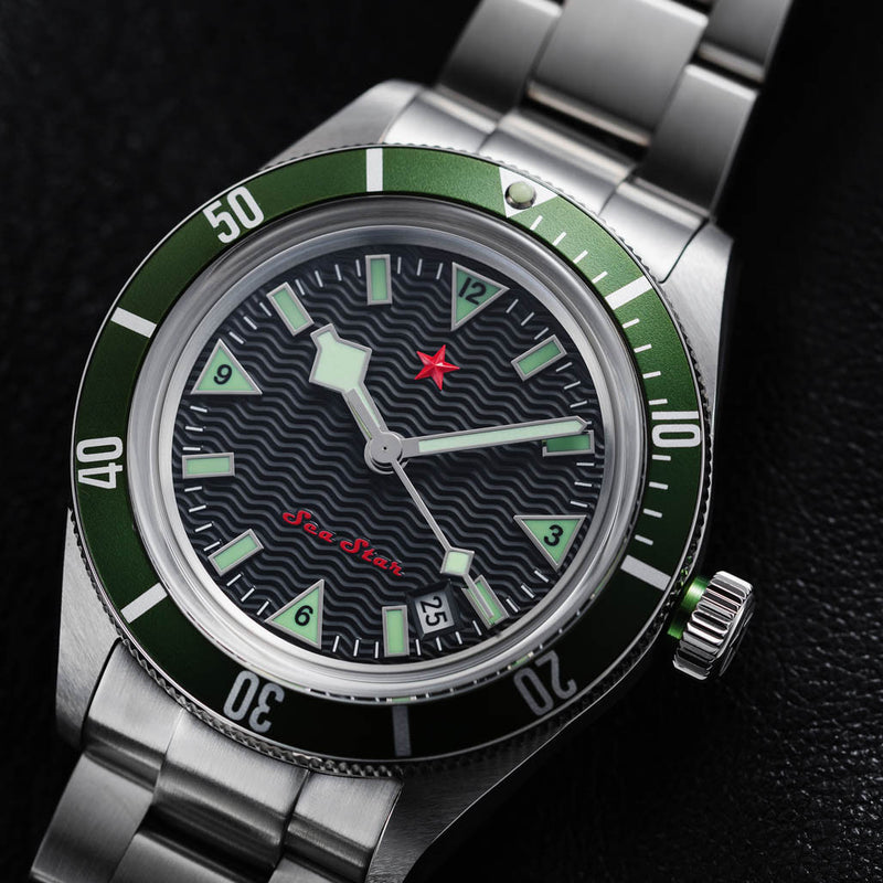 Red Star SEA STAR Watch with Black Dial and Green Bezel #7074G-E