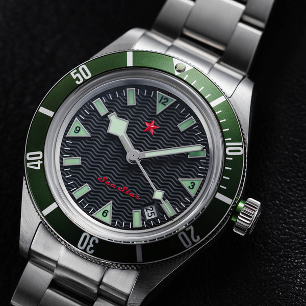 Red Star SEA STAR Watch with Black Dial and Green Bezel #7074G-E