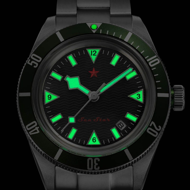 Red Star SEA STAR Watch with Black Dial and Green Bezel #7074G-E