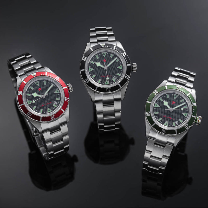 Red Star SEA STAR Watch with Black Dial and Green Bezel #7074G-E