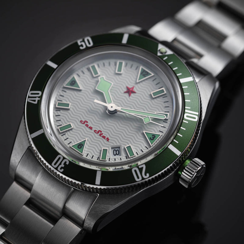 Red Star SEA STAR Watch with Full Lume Dial and Green Bezel #7074G-H