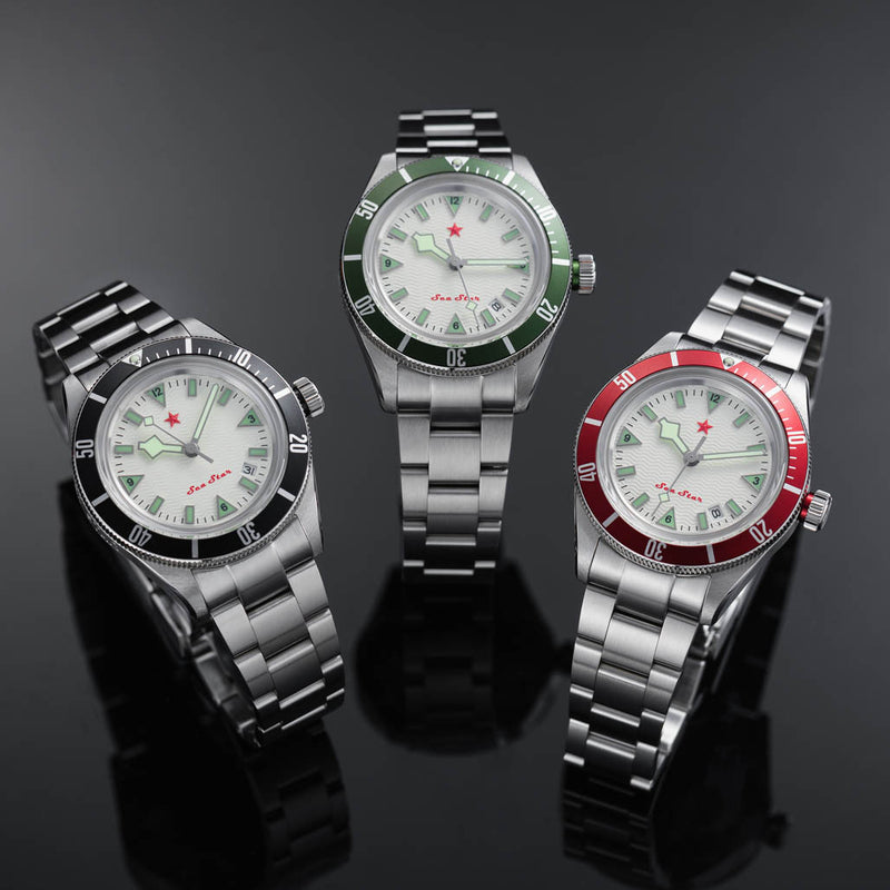 Red Star SEA STAR Watch with Full Lume Dial and Green Bezel #7074G-H