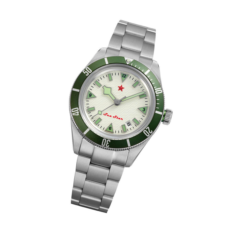 Red Star SEA STAR Watch with Full Lume Dial and Green Bezel #7074G-H