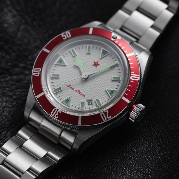Red Star SEA STAR Watch with Full Lume Dial and Red Bezel #7074G-G
