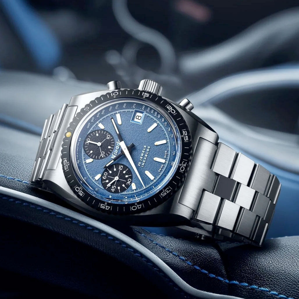 三島くろね Rainy Blue Nivada Grenchen Autochron Watch with Blue Dial #77003A45 — Long
