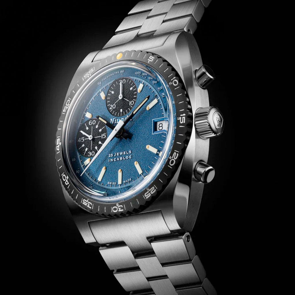Nivada Grenchen Autochron Watch with Blue Dial #77003A45 — Long