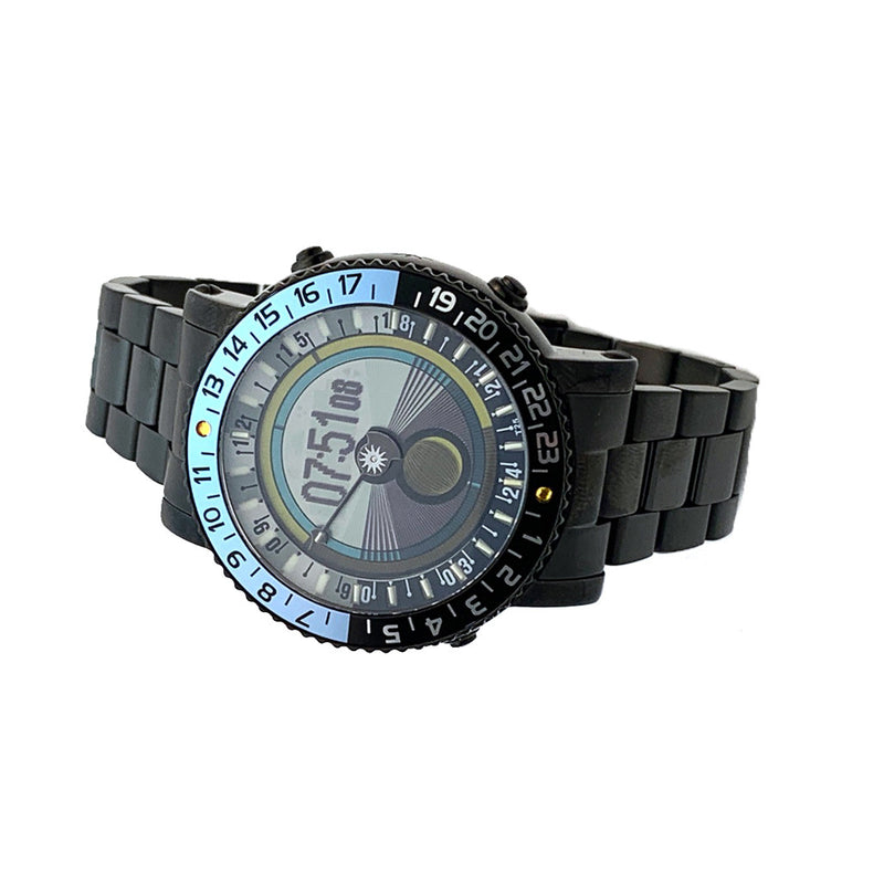 YES V7 Black Titanium World Time Watch with Blue Accents and Titanium Bracelet #7B-KB-P3 side