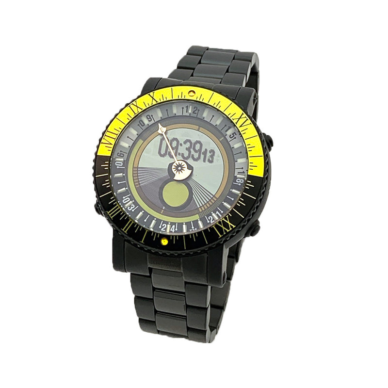 YES V7 Black Titanium World Time Watch with Yellow Accents and Titanium Bracelet #7B-OO-S3