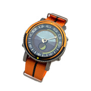 YES V7 Titanium World Time Watch with Orange Accents and Nylong Strap #7S-OO-SS tilt