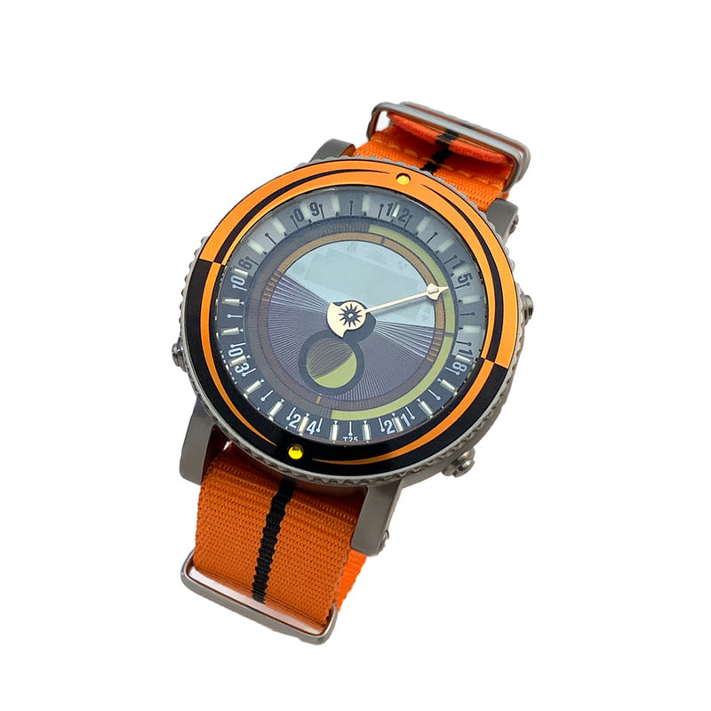 YES V7 Titanium World Time Watch with Orange Accents and Nylong Strap #7S-OO-SS tilt