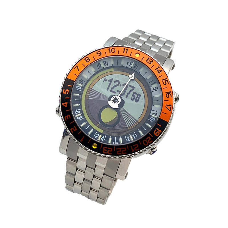 YES V7 Titanium World Time Watch with Orange Accents and Titanium Bracelet #7S-SO-P5 tilt