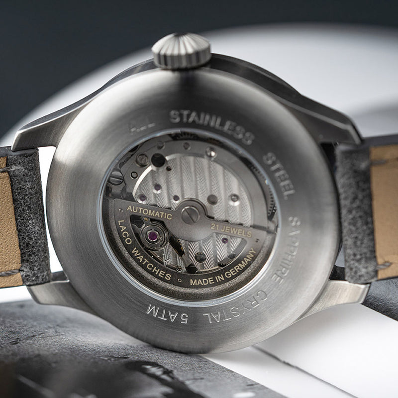 Laco Aachen Gray 42 Type B Dial Automatic Pilot Watch with Sapphire Crystal #862159 back