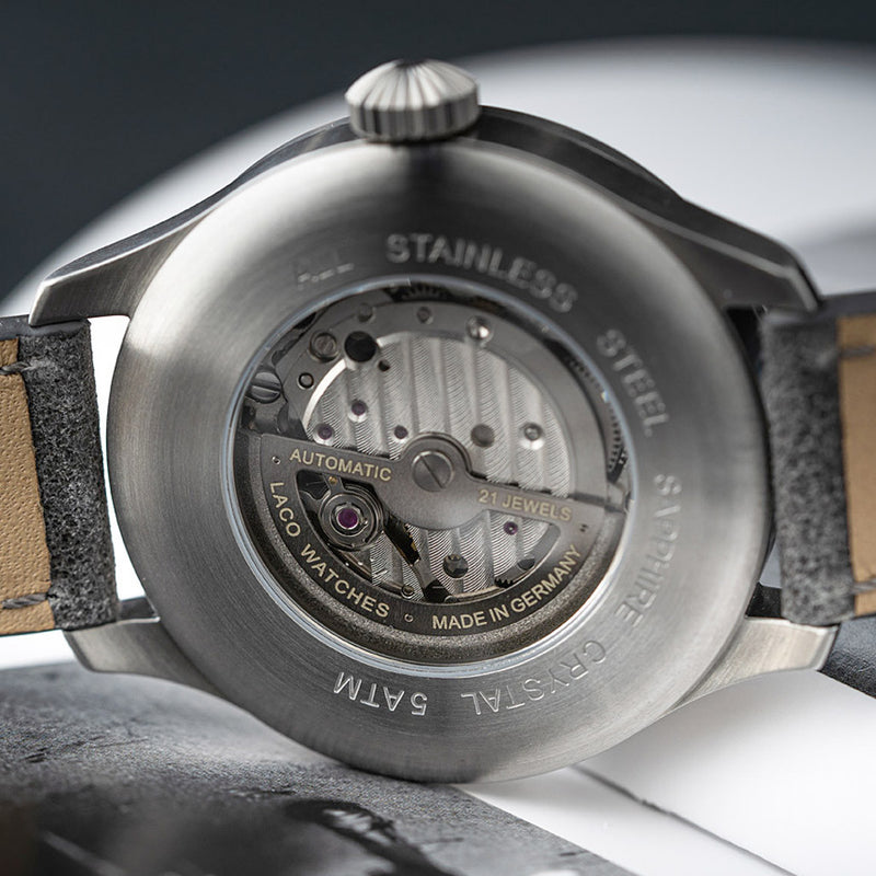 Laco Aachen Gray 39 Type B Dial Automatic Pilot Watch with Sapphire Crystal #862162 back