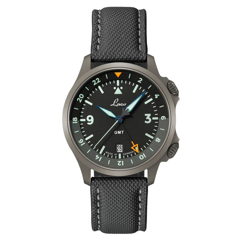 Laco 40mm Frankfurt GMT Automatic Watch with Black Dial and Sapphire Crystal #862187