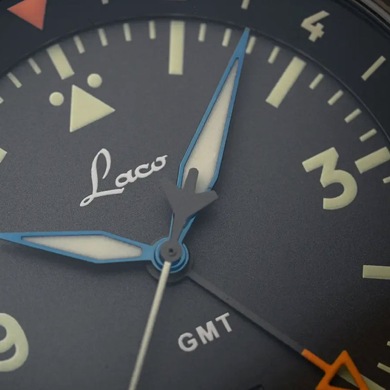 Laco 40mm Frankfurt GMT Automatic Watch with Black Dial and Sapphire Crystal #862187