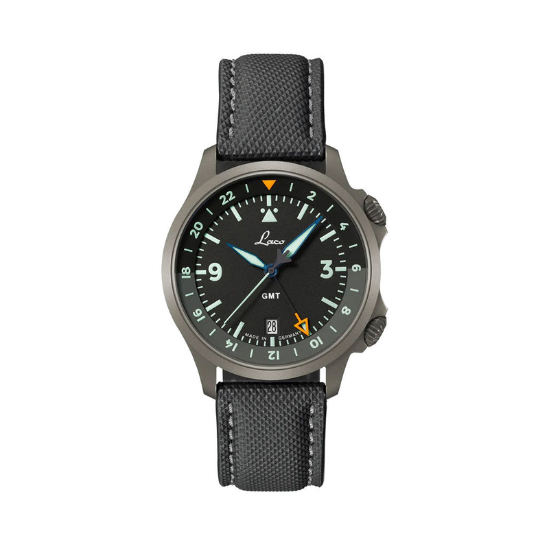 Laco 40mm Frankfurt GMT Automatic Watch with Black Dial and Sapphire Crystal #862187