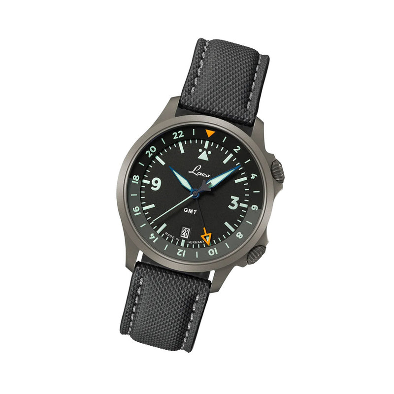 Laco 40mm Frankfurt GMT Automatic Watch with Black Dial and Sapphire Crystal #862187