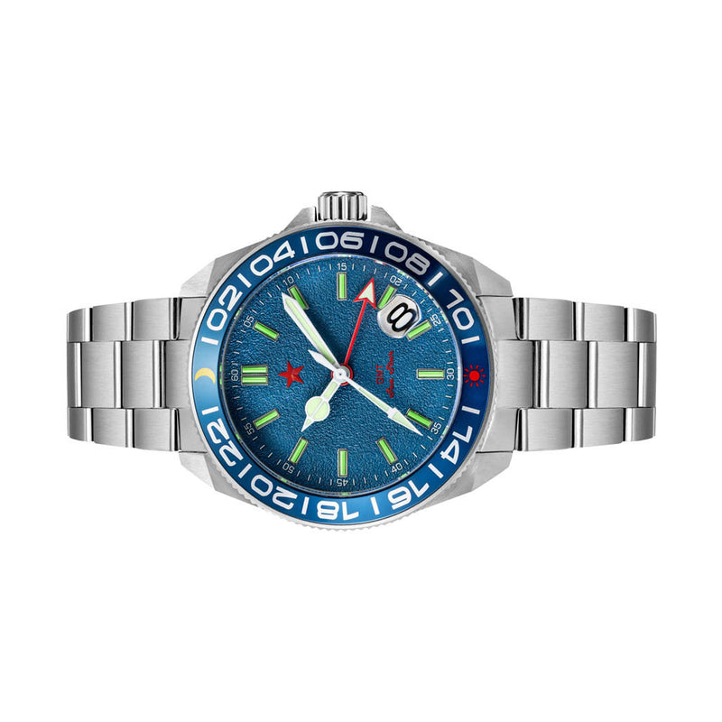 Red Star SEA STAR 4 GMT Watch with Blue Dial Passive Luminous Tubes #8759G-A