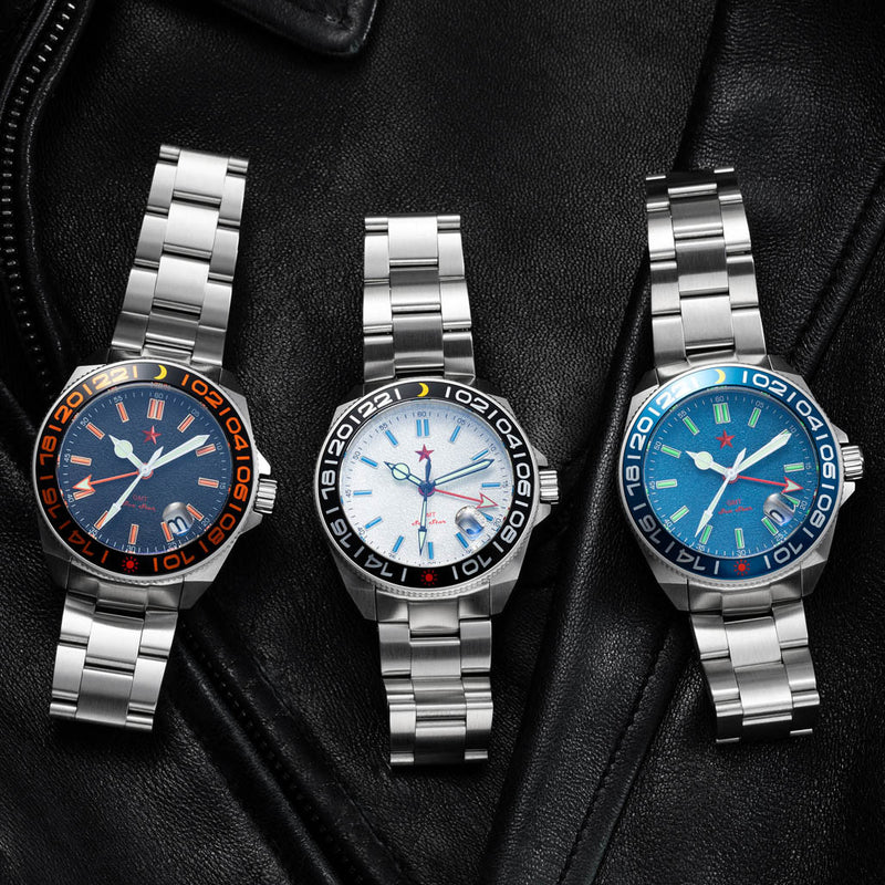 Red Star SEA STAR 4 GMT Watch with Blue Dial Passive Luminous Tubes #8759G-A