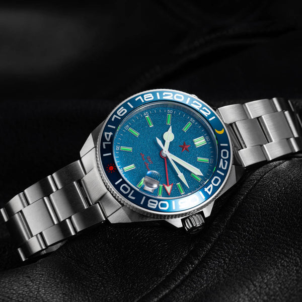 Red Star SEA STAR 4 GMT Watch with Blue Dial Passive Luminous Tubes #8759G-A