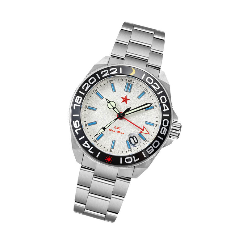 Red Star SEA STAR 4 GMT Watch with Silver Dial and Passive Luminous Tubes #8759G-B