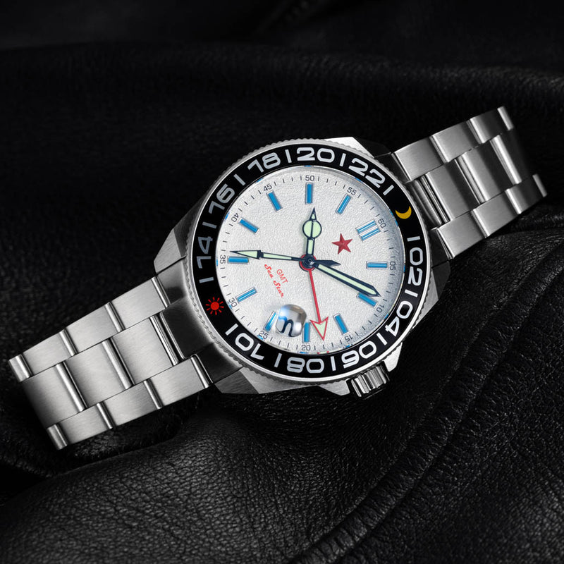 Red Star SEA STAR 4 GMT Watch with Silver Dial and Passive Luminous Tubes #8759G-B