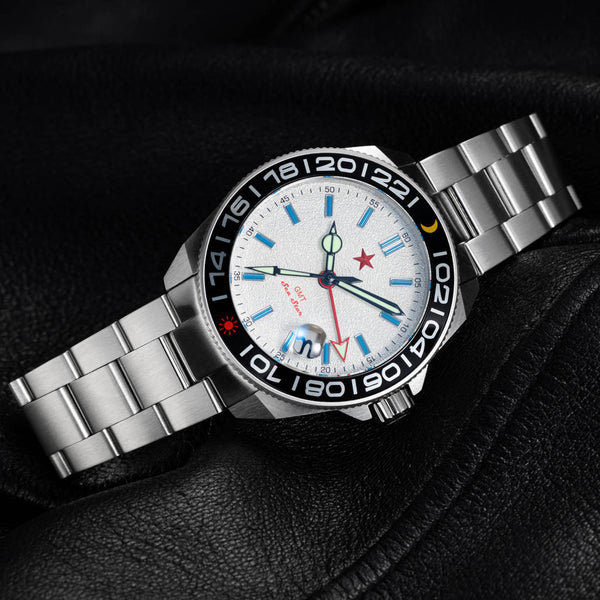 Red Star SEA STAR 4 GMT Watch with Silver Dial and Passive Luminous Tubes #8759G-B