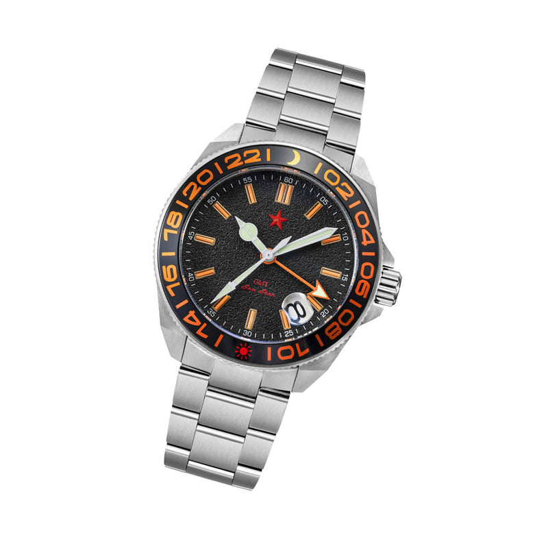 Red Star SEA STAR 4 GMT Watch with Black Dial and Passive Luminous Tubes #8759G-C