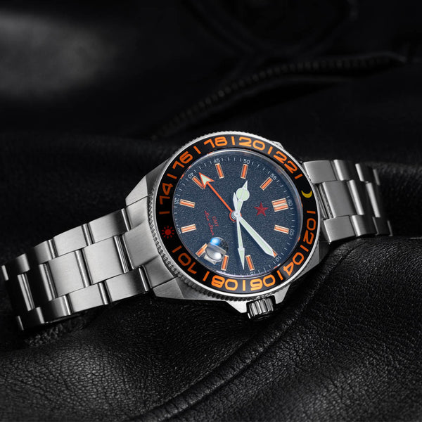 Red Star SEA STAR 4 GMT Watch with Black Dial and Passive Luminous Tubes #8759G-C