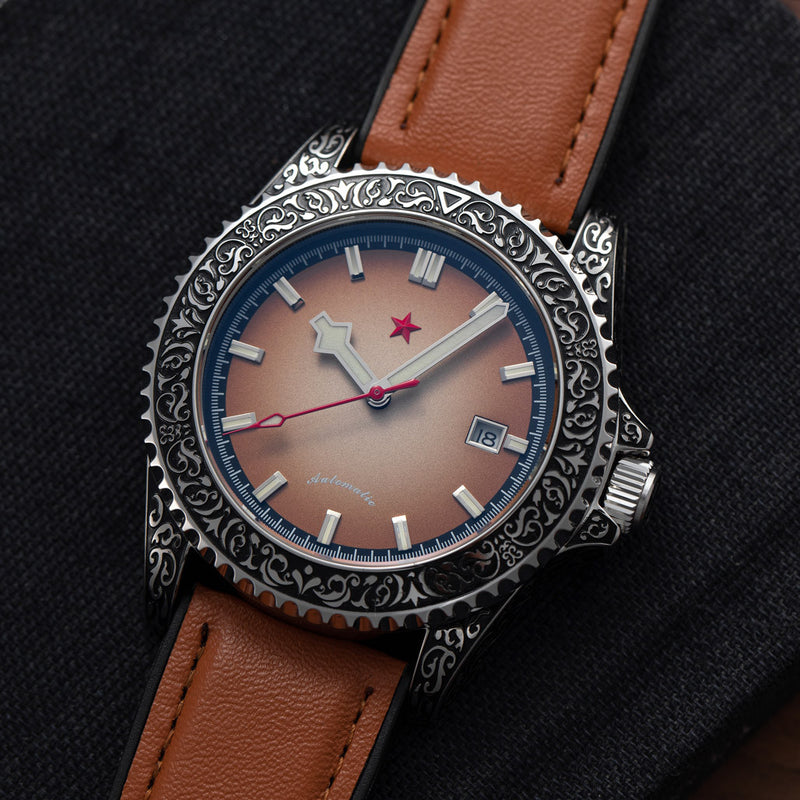 Red Star Artisan Engraved Case Automatic Diver #8912G-B