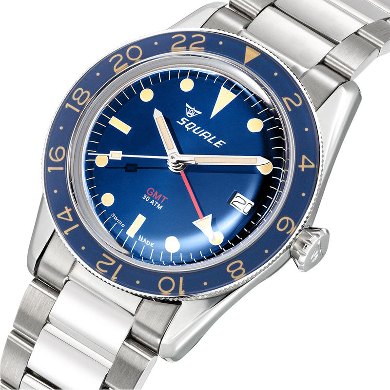 Squale 300 Meter Swiss Automatic GMT-Dive Watch with Blue Dial and Bracelet #SUB-39GMTBL.BR22 tilt