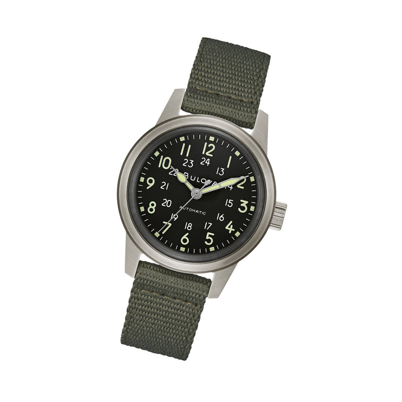 Bulova Hack Automatic Field Watch with 38mm Case and Black Dial #96A259 tilt