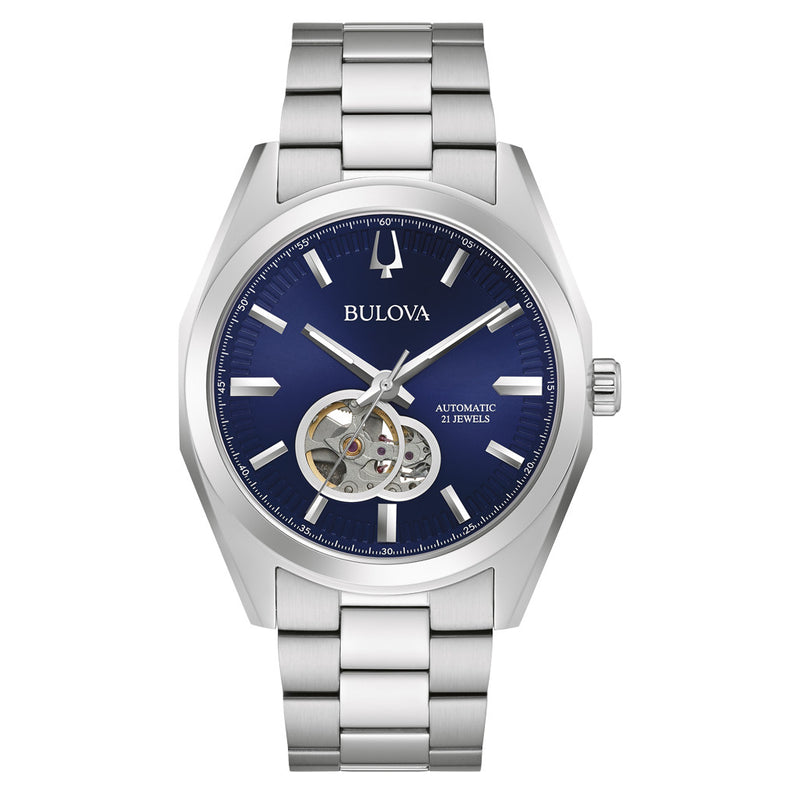 Bulova Surveyor Automatic Watch with Open Heart Blue Dial #96A275 zoom
