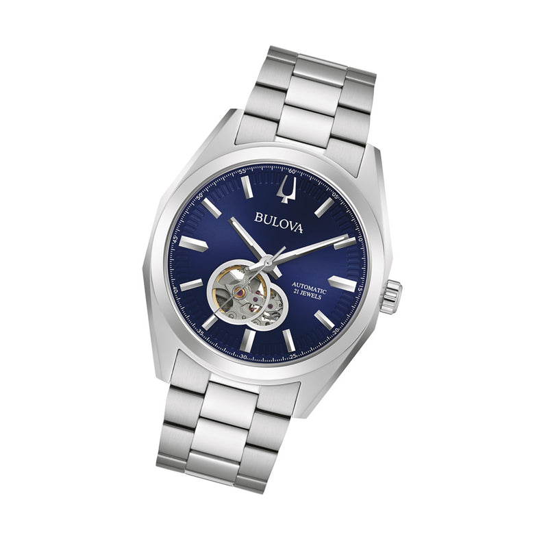 Bulova Surveyor Automatic Watch with Open Heart Blue Dial #96A275 tilt