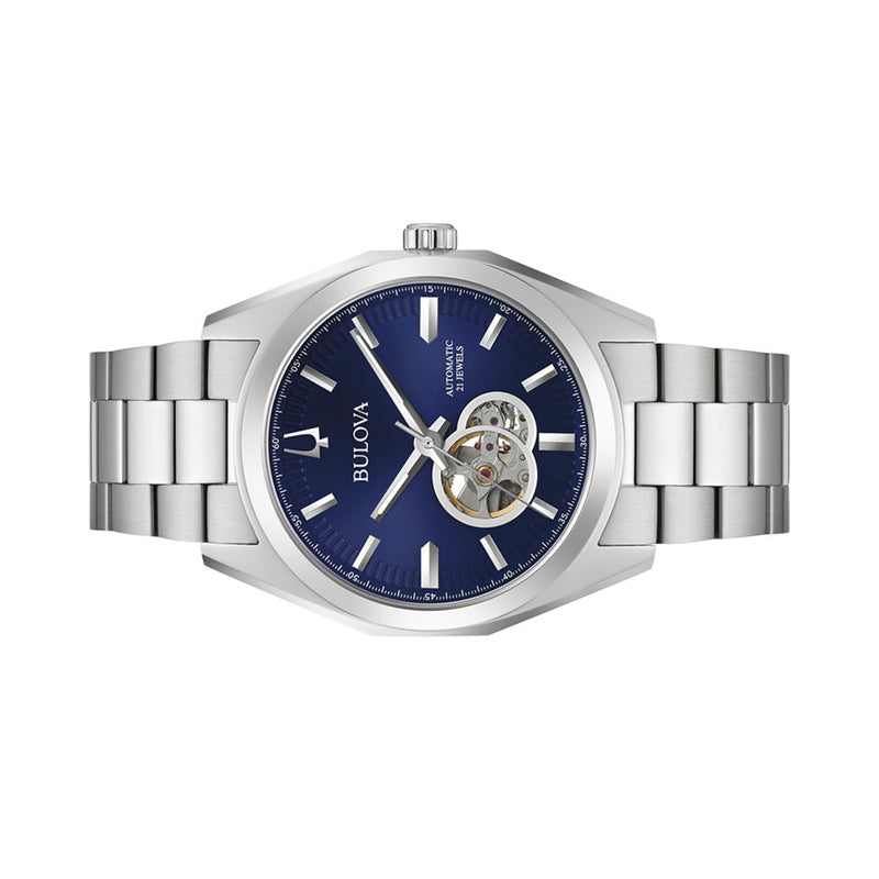 Bulova Surveyor Automatic Watch with Open Heart Blue Dial #96A275 side