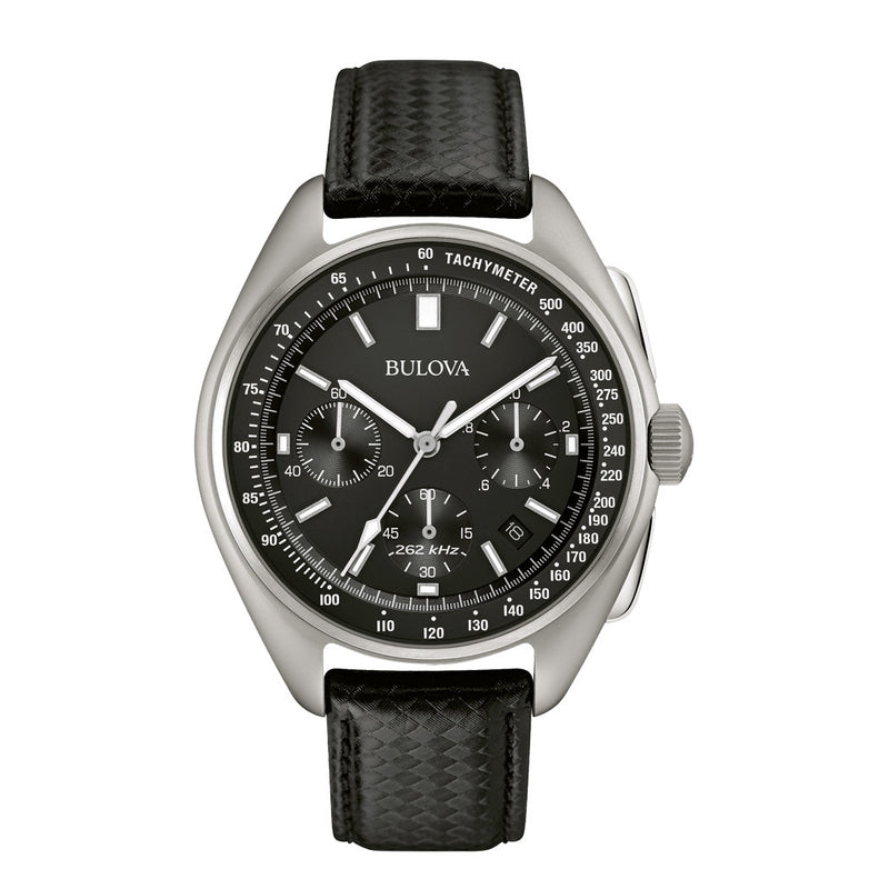 Bulova Lunar Pilot Chronograph 45mm with Black Dial and Leather Strap #96B251 zoom