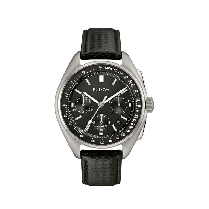 Bulova Lunar Pilot Chronograph 45mm with Black Dial and Leather Strap #96B251