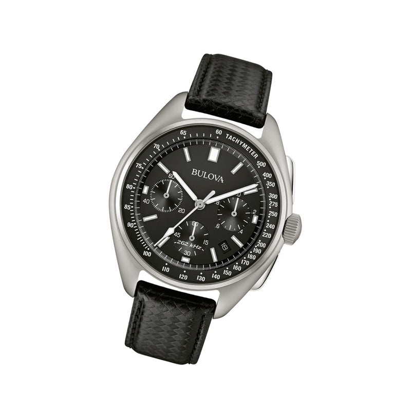 Bulova Lunar Pilot Chronograph 45mm with Black Dial and Leather Strap #96B251 tilt
