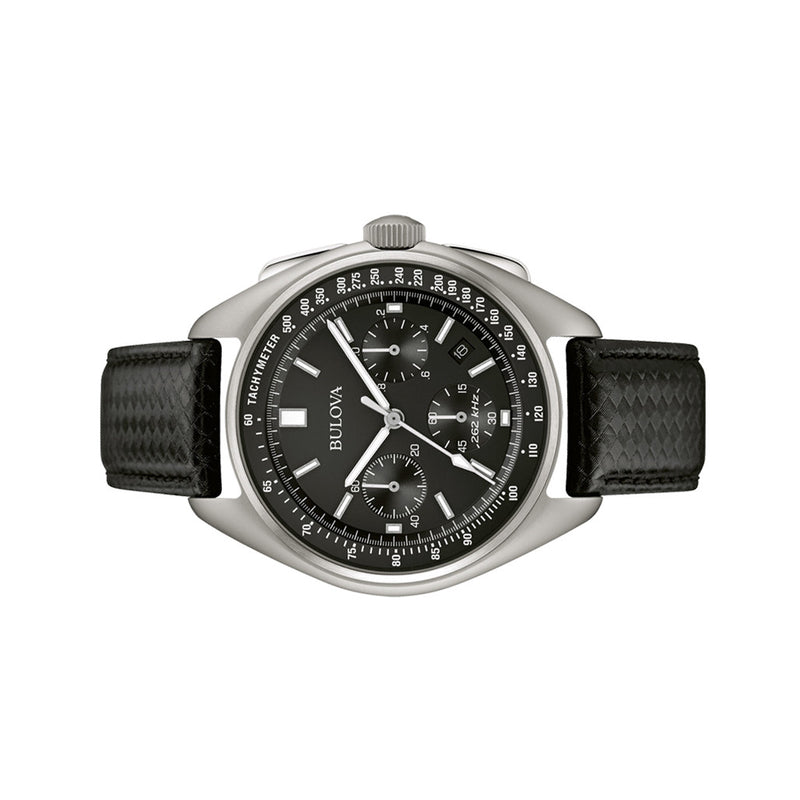 Bulova Lunar Pilot Chronograph 45mm with Black Dial and Leather Strap #96B251 side