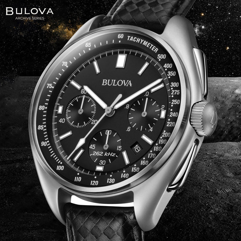 Bulova Lunar Pilot Chronograph 45mm with Black Dial and Leather Strap #96B251 lifestyle